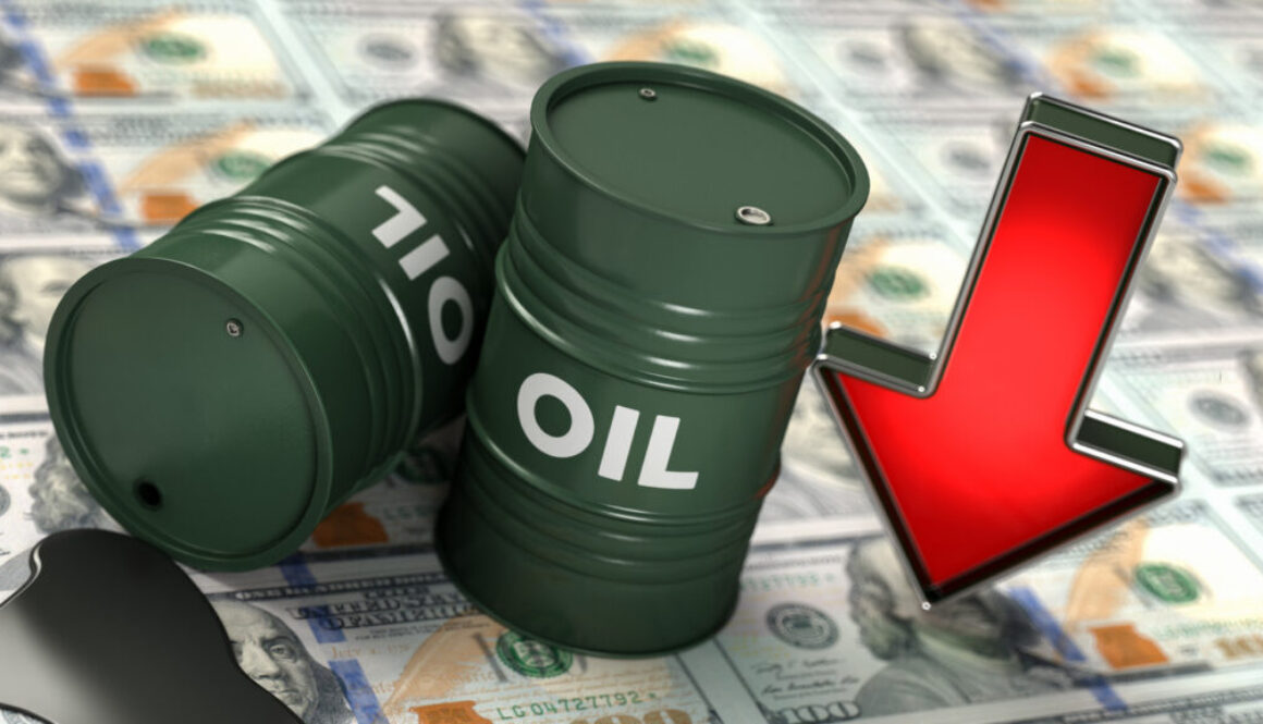 Oil Prices Moving Down Concept with US Dollar Stack Barrels and a Red Arrow